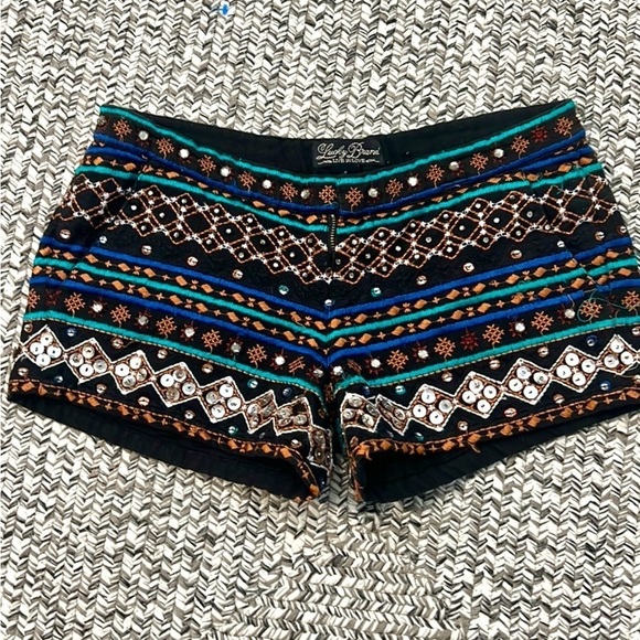 Lucky Brand Gypsy Sequin Embroidered Boho Festival Shorts Black Zip Front Size S - Picture 5 of 11
